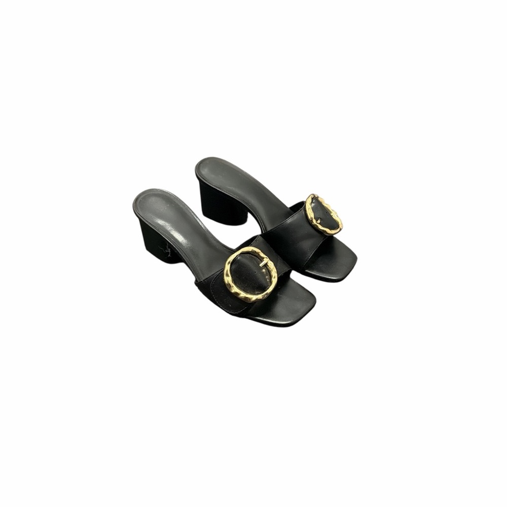 A new day gold buckle black block heels